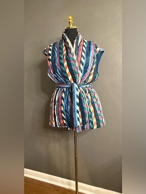 XiRENA Rhapsody Striped Collar Puffer Vest in Blue, Green & Pink